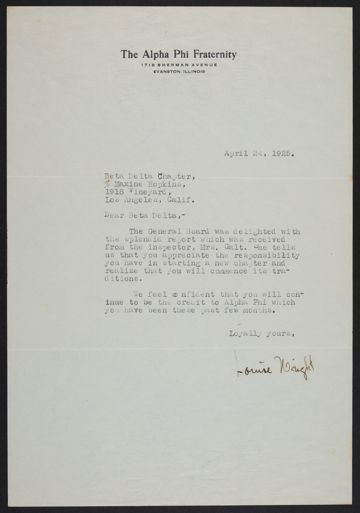 Louise Wright to Beta Delta Chapter Letter, April 24, 1925