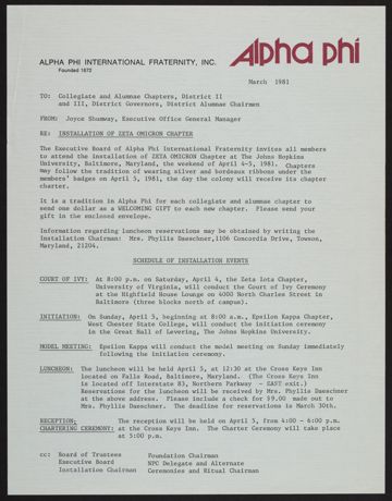 Joyce Shumway to Collegiate and Alumnae Chapters Memo, March 1981