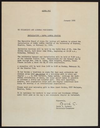 Doris R. Corbett to Collegiate and Alumnae Presidents Letter, January 1956