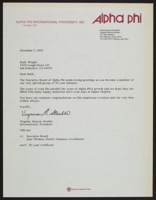 Virginia Burson Struble to Ruth Wright Letter, December 7, 1993
