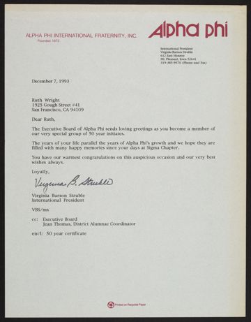 Virginia Burson Struble to Ruth Wright Letter, December 7, 1993
