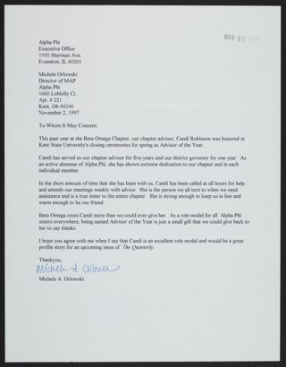 Michele A. Orlowski to Whom It May Concern Letter, November 2, 1997