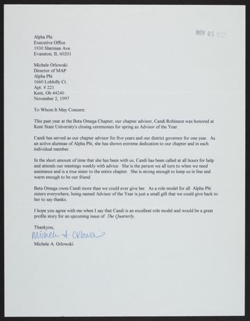 Michele A. Orlowski to Whom It May Concern Letter, November 2, 1997