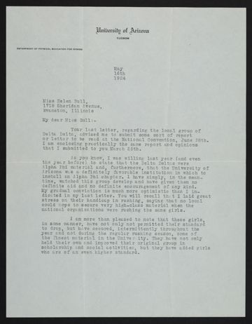 Ina E. Gittings to Helen Bull Letter, May 16, 1924