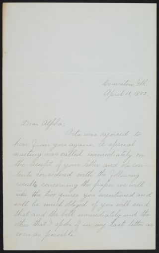 Minnie R. Moulding to Alpha Chapter Letter, April 13, 1882