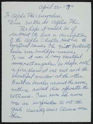 Cora Rhodes Henry to Alpha Phis Everywhere, April 23, 1974
