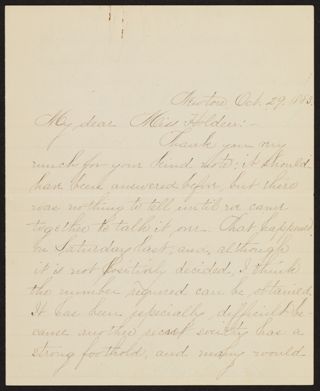 Abby B. Bates to Bertha Holden Letter, October 29, 1883