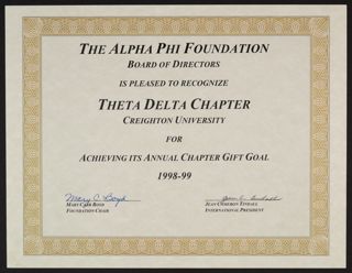 Theta Delta Chapter Annual Chapter Gift Goal Certificate, 1998-1999