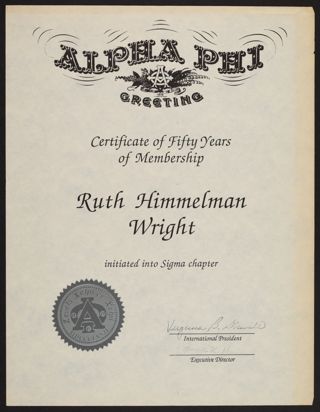 Ruth Himmelman Wright Fifty-Year Membership Certificate, 1993