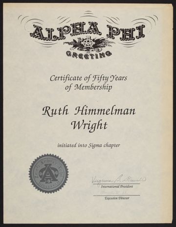 Ruth Himmelman Wright Fifty-Year Membership Certificate, 1993