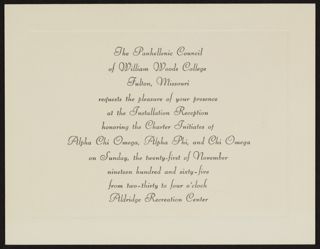 Alpha Chi Omega, Alpha Phi, and Chi Omega Installation Reception Invitation, 1965