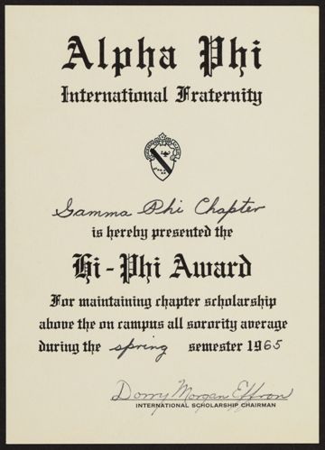 Gamma Phi Chapter Hi-Phi Award Certificate, Spring 1965