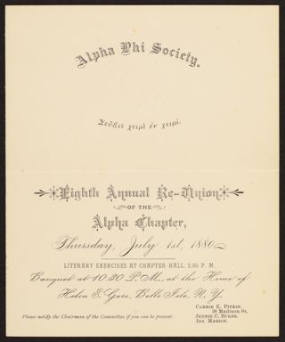 Eighth Annual Re-Union of the Alpha Chapter Invitation, July 1, 1880