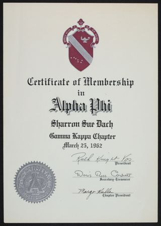 Sharron Sue Dach Membership Certificate, March 25, 1962