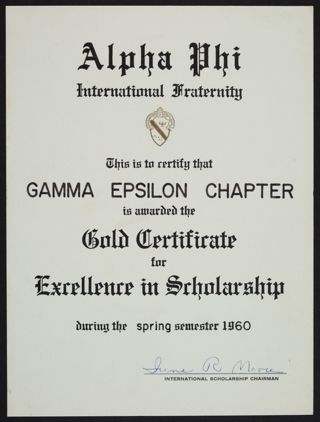 Gamma Epsilon Chapter Excellence in Scholarship Gold Certificate, Spring 1960