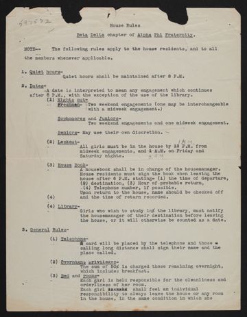 Beta Delta Chapter House Rules, September 11, 1924