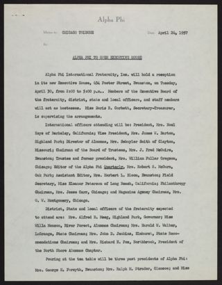 Alpha Phi to Open Executive House, April 26, 1957