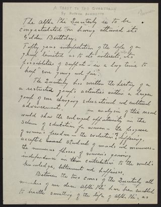 Clara Burdette "A Toast to the Quarterly" Speech, 1938