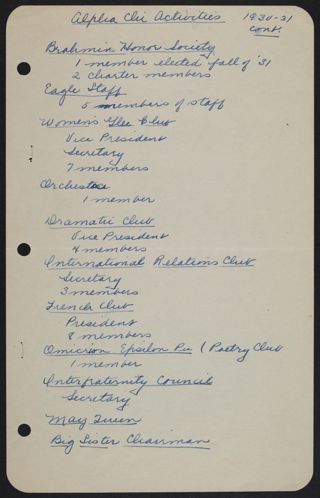 Alpha Chi Activities, 1930-1931