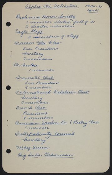 Alpha Chi Activities, 1930-1931