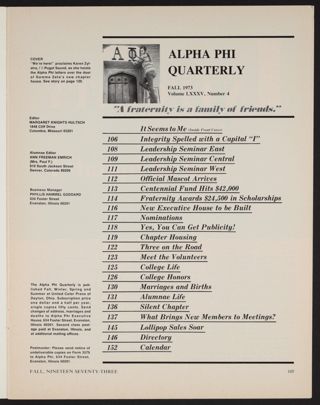 Alpha Phi Quarterly, Fall 1973 Table of Contents