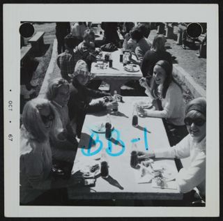 Five Beta Gamma Chapter Members Eating at a Picnic Table Photograph, October 1967