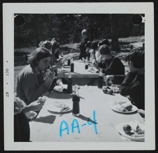 Beta Gamma Chapter Members Sitting at Picnic Tables Photograph, October 1967