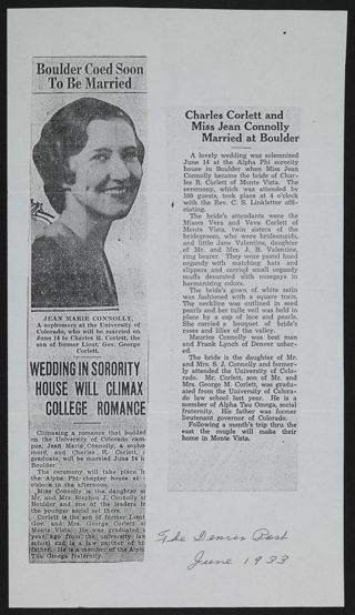 Wedding in Sorority House Will Climax College Romance and Charles Corlett and Miss Jean Connolly Married at Boulder Newspaper Clippings, June 1933