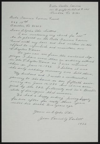Jean Corlett to Alpha Phi Sisters Letter