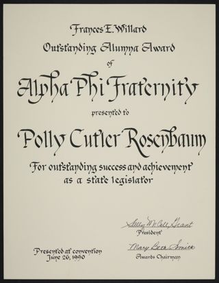 Frances E. Willard Outstanding Alumna Award of Alpha Phi Fraternity Presented to Polly Cutler Rosenbaum Certificate, June 26, 1990