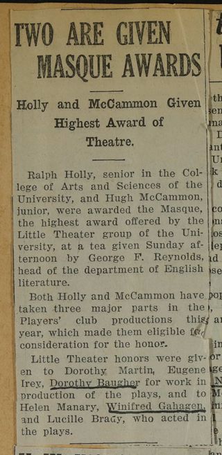 Two Are Given Masque Awards Newspaper Clipping, c. 1924-1932