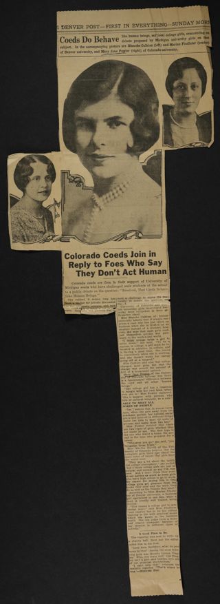 Colorado Coeds Join in Reply to Foes Who Say They Don't Act Human Newspaper Clipping, c. 1924-1932