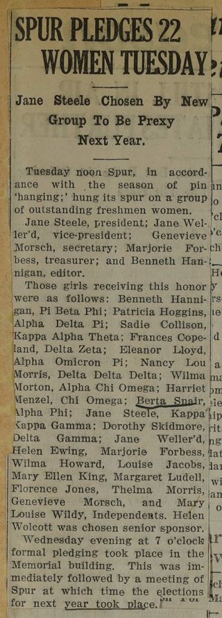 Spur Pledges 22 Women Tuesday Newspaper Clipping, c. 1924-1932