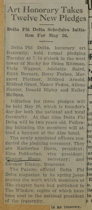 Art Honorary Takes Twelve New Pledges Newspaper Clipping, c. 1924-1932