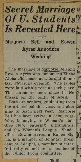 Secret Marriage of U. Students Is Revealed Here Newspaper Clipping, c. 1924-1932