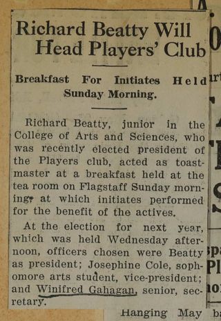 Richard Beatty Will Head Players' Club Newspaper Clipping, c. 1924-1932