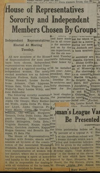 House of Representatives Sorority and Independent Members Chosen by Groups Newspaper Clipping, c. 1924-1932