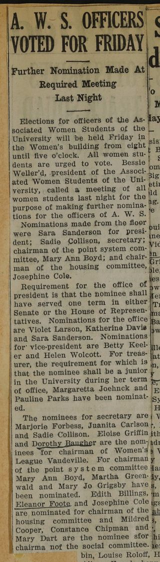 A.W.S. Officers Voted for Friday Newspaper Clipping, c. 1924-1932