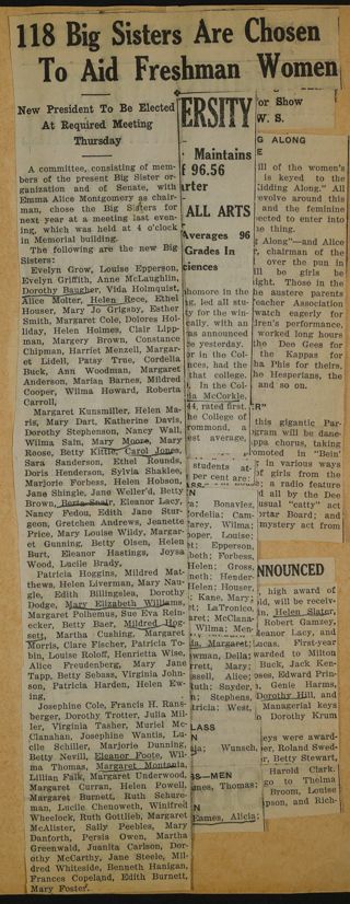 118 Big Sisters Are Chosen to Aid Freshman Women Newspaper Clipping, c. 1924-1932