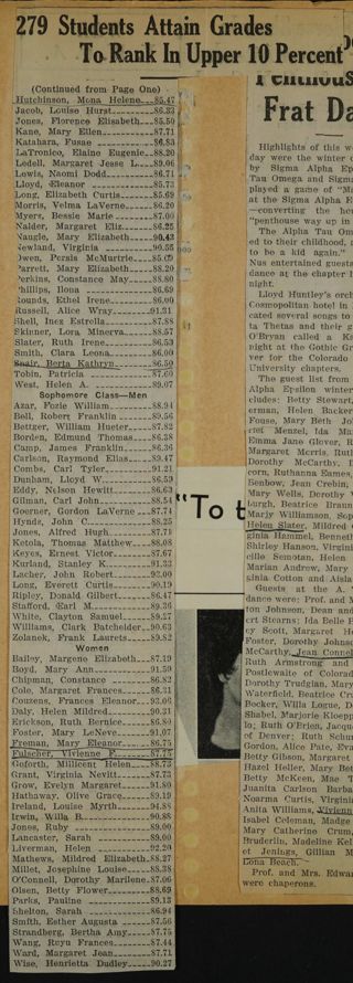 279 Students Attain Grades to Rank in Upper Ten Percent Newspaper Clipping, c. 1924-1932