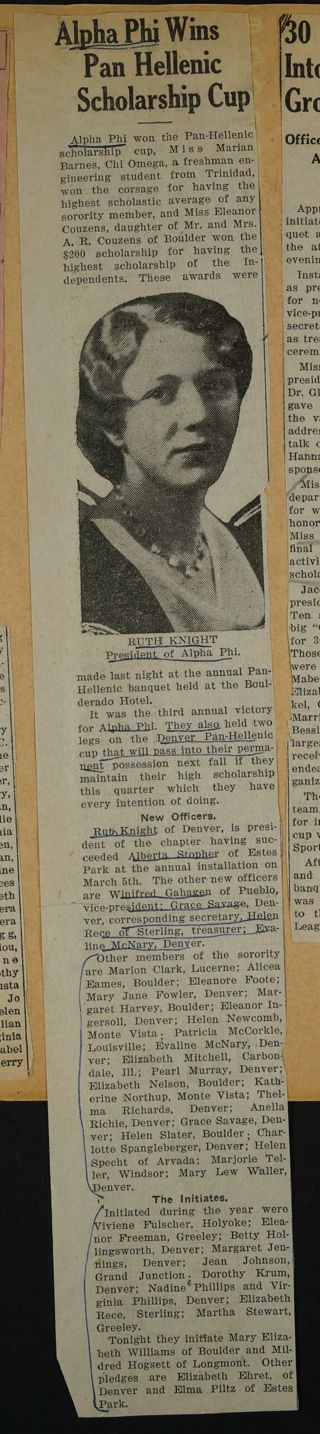 Alpha Phi Wins Pan Hellenic Scholarship Cup Newspaper Clipping, c. 1924-1932