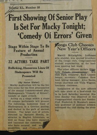 First Showing of Senior Play Is Set for Macky Tonight; 'Comedy Of Errors' Given Newspaper Clipping, c. 1924-1932