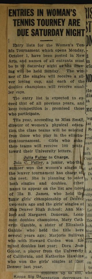 Entries in Woman's Tennis Tourney Are Due Saturday Night Newspaper Clipping, c. 1924-1932