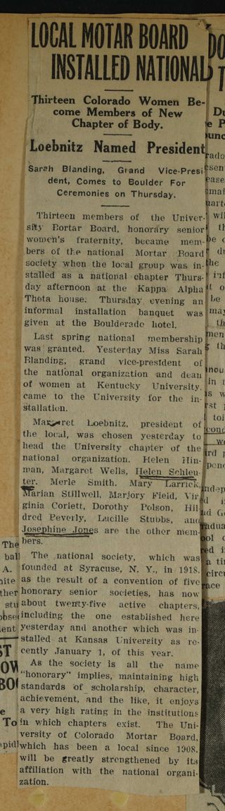 Local Mortar Board Installed Nationals Newspaper Clipping, c. 1924-1932