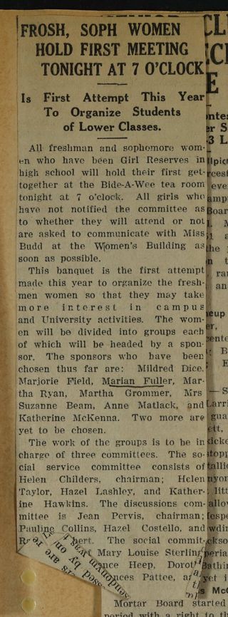 Frosh, Soph Women Hold First Meeting Tonight at 7 O'Clock Newspaper Clipping, c. 1924-1932