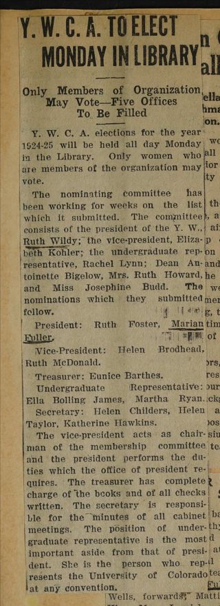 Y.W.C.A. to Elect Monday in Library Newspaper Clipping, c. 1924-1932