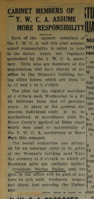 Cabinet Members of Y.W.C.A. Assume More Responsibility Newspaper Clipping, c. 1924-1932