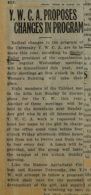 Y.W.C.A. to Proposes Changes in Program Newspaper Clipping, c. 1924-1932