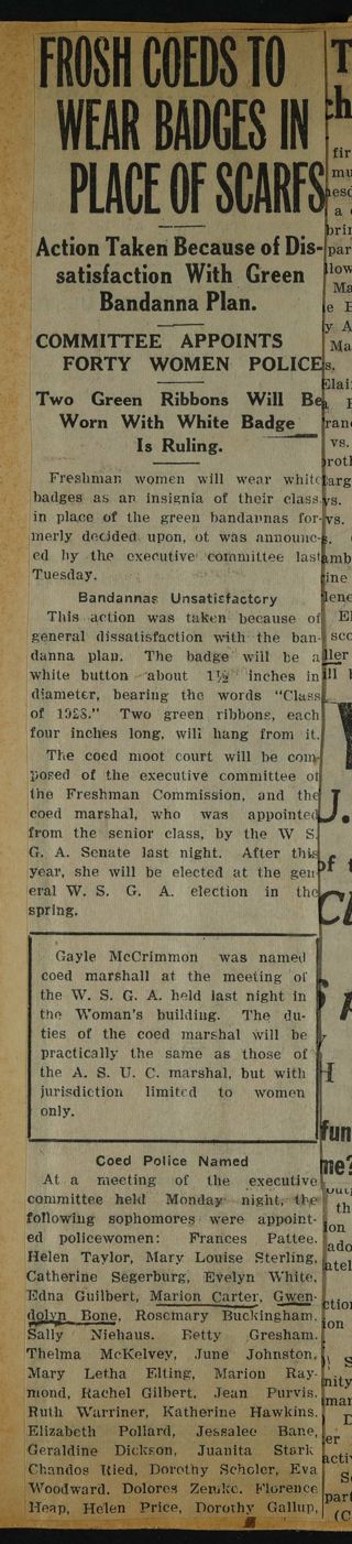Frosh Coeds to Wear Badges in Place of Scarfs Newspaper Clipping, c. 1924-1932
