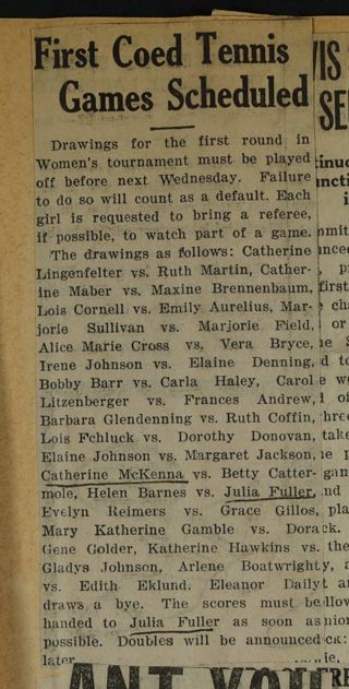First Coed Tennis Game Scheduled Newspaper Clipping, c. 1924-1932